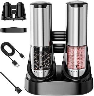 Electric Salt and Pepper Grinder Set - 6 Adjustable Coarseness, One-Handed Operation Design - Automatic Salt and Pepper Shakers with Rechargeable Base, Larger Capacity - for Kitchen, BBQ, Gift