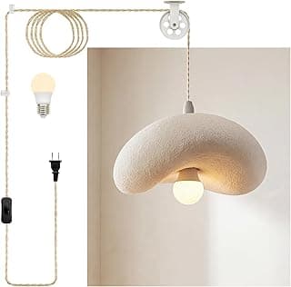 MODIVO Wabi-Sabi Plug-in Pendant Light for Dining Room Kitchen Island Hallway Restaurant Lighting Fixture, White Modern Hanging Lamp Japandi Chandelier Bedroom Decor with Plug in Cord 11.8in