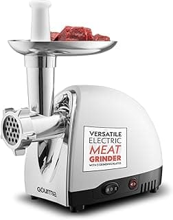 Gourmia Electric Meat Grinder – 500W Commercial Grade Meat Processor with Sausage Stuffer, 3 Stainless Steel Grind Plates Fine to Coarse, Stainless Steel