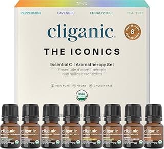Cliganic Organic Aromatherapy Essential Oils Gift Set (Top 8 - The Iconics), 100% Pure - Peppermint, Lavender, Eucalyptus, Tea Tree, Lemongrass, Rosemary, Frankincense & Orange