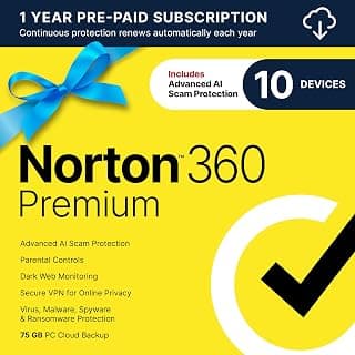 Norton 360 Premium, Antivirus software for 10 Devices with Auto-Renewal – Includes Advanced AI Scam Protection, VPN, Dark Web Monitoring & PC Cloud Backup [Download]