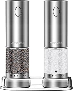 Newise Electric Salt and Pepper Grinder Set - Birthday Kitchen Gifts for Women, Mom, Rechargeable with LED Lights, Stainless Steel Automatic Mill, Adjustable Coarseness, Large Capacity, Silver