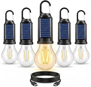 MODOAO 5-Pack Solar LED Camping Light Bulb, Rechargeable Emergency Light Bulbs for Power Outage, Portable Tent Lantern with Hook, Waterproof, for Tent, Hiking, Home