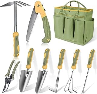Garden Tool Set, WisaKey 9 Piece Stainless Steel Heavy Duty Gardening Hand Tools with Handle, Durable Garden Tool Bag, Gardening Gifts for Women and Men Valentine's Gift for Woman