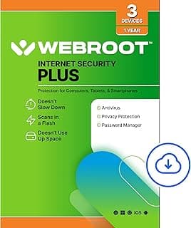 Webroot Internet Security Plus Antivirus Software 2026 3 Device 1 Year Download for PC/Mac/Chromebook/Android/IOS + Password Manager