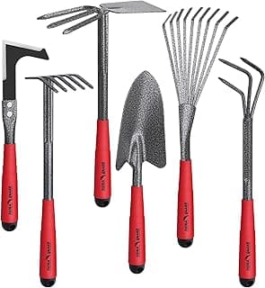 FLORA GUARD 6-Piece Garden Tool Set, Heavy Duty Gardening Hand Tools,Includes Trowel, Rake, 2-in-1 Hoe & Crack Weeder, Durable Yard Gardening Tools, Ideal Gardening Gift for Men & Women