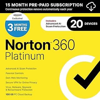 Norton 360 Platinum 2026 Ready, Antivirus software for 20 Devices with Auto-Renewal – 3 Months FREE - Includes Advanced AI Scam Protection, VPN, Dark Web Monitoring & PC Cloud Backup [Download]