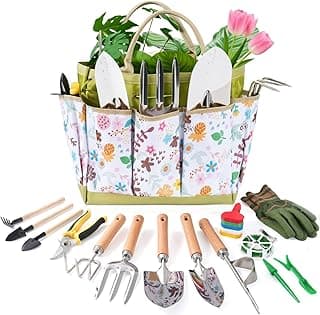 15-Piece Garden Tool Set for Women, Heavy Duty Gardening Kit with Floral Garden Bag, Steel Garden Hand Tools, Plant Labels, Gloves, Gardening Gift Basket for Men Gardeners Plant Lovers, Green