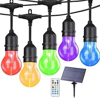 Auroraworld 35FT Solar RGB Outdoor String Lights, Dimmable Waterproof LED Patio Lights with Remote, 11 Shatterproof Edison Bulbs for Cafe Garden Party Decor