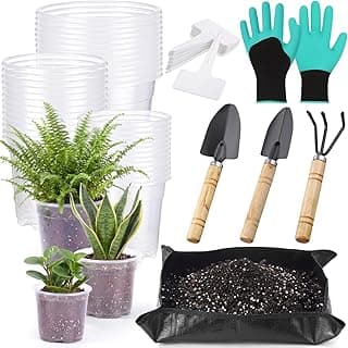 83 Pcs Garden Supplies Tools Kit, 5/6/7 Inch Clear Plastic Plant Pots with Transplanting Mat, Trowel Cultivator Rake Set, Label & Glove, Succulent Tools Gift for Plant Lovers Accessory