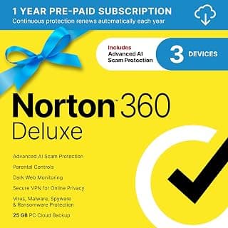 Norton 360 Deluxe, Antivirus software for 3 Devices with Auto-Renewal – Includes Advanced AI Scam Protection, VPN, Dark Web Monitoring & PC Cloud Backup [Download]