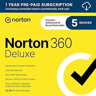 Norton 360 Deluxe 2026 Ready, Antivirus software for 5 Devices with Auto-Renewal – Includes Advanced AI Scam Protection, VPN, Dark Web Monitoring & PC Cloud Backup [Download]