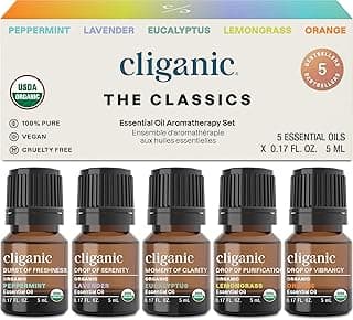 Cliganic Organic Essential Oils Set (Top 5 - The Classics) - 100% Pure Natural - Aromatherapy, Candle Making - Peppermint, Lavender, Eucalyptus, Lemongrass & Orange