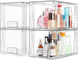 Vtopmart 4 Pack Large Stackable Storage Drawers,Easily Assemble Acrylic Bathroom Closet Undersink Organizers and Storage,Plastic Bins for Kitchen Cabinets,Pantry,Makeup,Medicine Organization