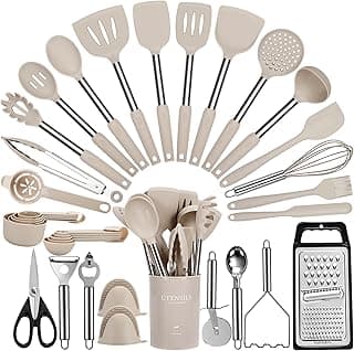 Cooking Utensils Set, 35Pcs Silicone Kitchen Utensils Set with Holder, 446°F Heat Resistant Food Grade Spatula Set, BPA Free Kitchen Gadgets for Non-stick Cookware, Easy to Clean (Khaki)