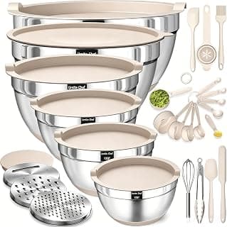Mixing Bowls with Airtight Lids Set, 26PCS Stainless Steel Khaki Bowls with Grater Attachments, Non-Slip Bottoms & Kitchen Gadgets Set, Size 7, 4, 2.5, 2.0,1.5, 1QT, Great for Mixing & Serving