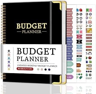 Budget Planner - Monthly Budget Book B5, Undated 12 Month Expense Tracker Notebook with Metal Corner Protectors & Bill Organizer, Hard Cover Financial Account Book for Women Men Home Business, Black