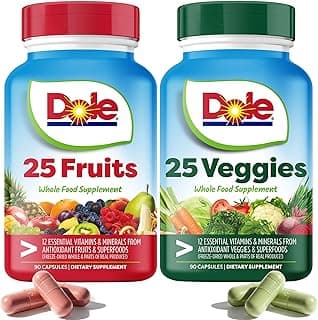 Dole Daily Fruits and Veggies Supplement - Whole Food Plant-Based Nutrition with 25 Fruits + 25 Vegetables, 12 Essential Vitamins & Minerals, Antioxidant Superfoods, 180 Capsules (2 Pack)