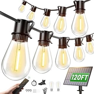 Torkase Solar String Lights Outdoor, 120FT 30+2 Shatterproof S14 LED Bulbs, Waterproof, USB Rechargeable, 2200K Warm White, Energy-Saving Hanging Patio Lights for Garden, Porch, Bistro, Deck, Market