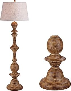 JONATHAN Y 67" Brown Spindled Resin LED Floor Lamp, Rustic Farmhouse Faux Bois Standing Lamp, Gray Linen Drum Shade for Living Room, Bedroom, LED Bulb Included, UL Listed JYL3000A