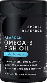 Sports Research® Omega-3 Fish Oil 1250 - Triple Strength Fish Oil Supplement from Wild Alaska Pollock - MSC Certified Sustainable · Non-GMO · Soy Free - 90 Softgel Capsules