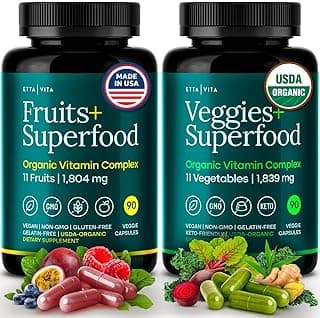 100% Organic Fruits and Veggies Supplement (USDA Organic - Made in USA) 180 Potent Fruits and Vegetable Capsules for Energy Boost & Daily Fruit and Vegetable Vitamins - Vegan, Non-GMO, Gluten-Free