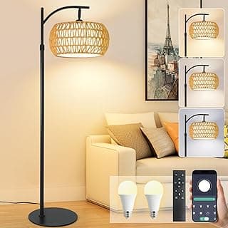 Boho Rattan Floor Lamp with Shade – 12W Bright Dimmable LED Bulb, Remote Control 3 Color Temperatures, Modern Farmhouse Handwoven Arc Standing Light for Living Room Bedroom