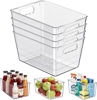 Clear Plastic Storage Bins, 4-Pack Stackable Pantry Organizers and Storage Containers for Kitchen, Fridge, Cabinet and Closet Organization - Home Essentials