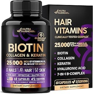 NUTRAHARMONY Biotin | Collagen | Hyaluronic Acid | Keratin - Support Normal Hair Growth Cycle - Skin & Nails - 25000mcg Vitamins B1, B2, B3, B6 & B7 - for Women & Men - Made in USA | 60 Capsules